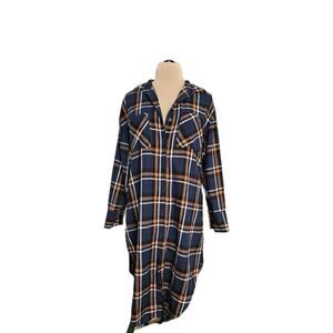 L.I.F.E Love is For Eternity Blue Copper Button Up Shirt Dress Plaid Size Large